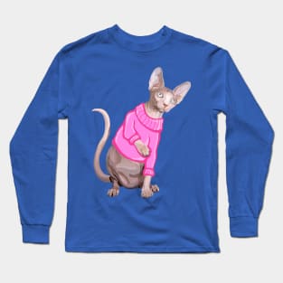 Cozy Sphynx Cat with Pink Knit Sweater Long Sleeve T-Shirt